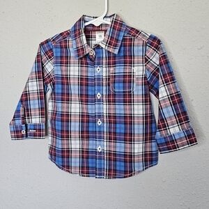 Carter's Red White Blue Plaid Long Sleeve Button Down Dress Shirt Size 18 Months